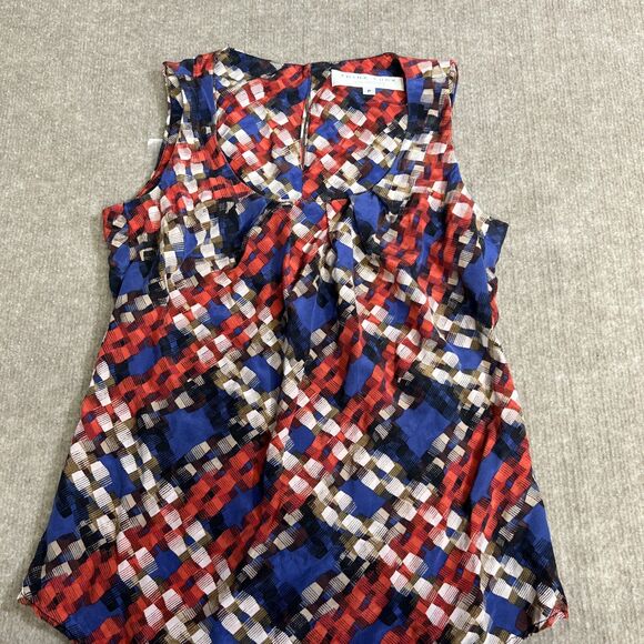 Trina Turk Silk Pleated Sleeveless Shell Top Small USA Red White Blue Geometric - Picture 1 of 6